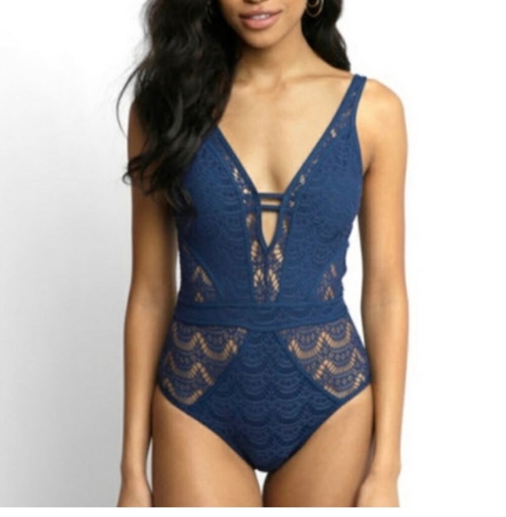 Becca Lace Color Play One Piece Swimsuit S NWOT Navy Blue Glam Luxury Resort